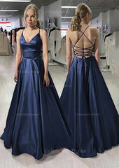 A-line/Princess V Neck Sleeveless Satin Long/Floor-Length Corset Prom Dress outfits, Homecomming Dress Black