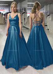 A-line/Princess V Neck Sleeveless Satin Long/Floor-Length Corset Prom Dress outfits, Homecoming Dress Black