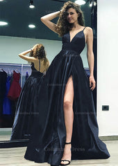 A-line/Princess V Neck Sleeveless Sweep Train Satin Corset Prom Dress With Split outfit, Prom Dresses 2052 Black Girl