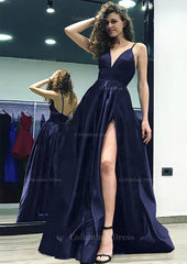 A-line/Princess V Neck Sleeveless Sweep Train Satin Corset Prom Dress With Split outfit, Prom Dress Ideas Black Girl
