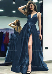A-line/Princess V Neck Sleeveless Sweep Train Satin Corset Prom Dress With Split outfit, Prom Dress Two Piece