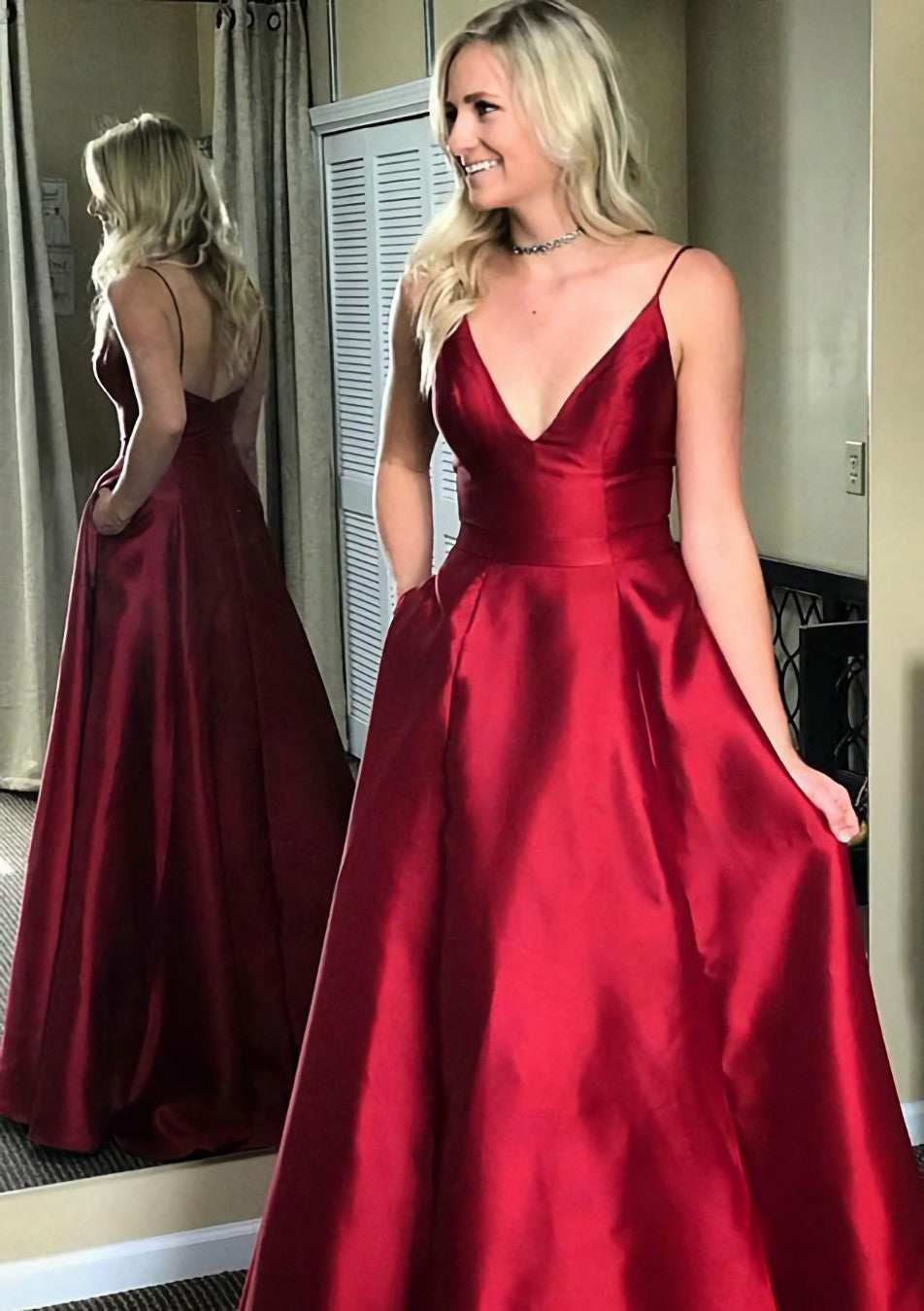 A-line/Princess V Neck Sleeveless Sweep Train Satin Corset Prom Dresses outfit, Party Dresses For Summer
