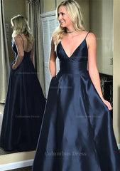 A-line/Princess V Neck Sleeveless Sweep Train Satin Corset Prom Dresses outfit, Party Dresses For Teenage Girls