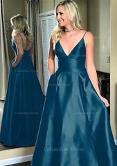 A-line/Princess V Neck Sleeveless Sweep Train Satin Corset Prom Dresses outfit, Party Dresses For Teenage Girl