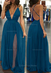 A-line/Princess V Neck Sleeveless Sweep Train Tulle Corset Prom Dress outfits, Prom Theme