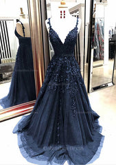 A-line/Princess V Neck Sleeveless Sweep Train Tulle Corset Prom Dress With Appliqued Gowns, Bridesmaid Dresses Mismatched Colors
