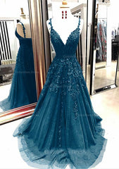 A-line/Princess V Neck Sleeveless Sweep Train Tulle Corset Prom Dress With Appliqued Gowns, Bridesmaid Dresses Red