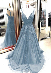 A-line/Princess V Neck Sleeveless Sweep Train Tulle Corset Prom Dress With Appliqued Gowns, Bridesmaid Dress Shop