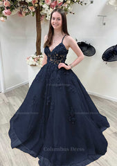 A-line Princess V Neck Sleeveless Sweep Train Tulle Corset Prom Dress With Appliqued Beading Lace outfits, Bridesmaids Dress Colors