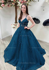 A-line Princess V Neck Sleeveless Sweep Train Tulle Corset Prom Dress With Appliqued Beading Lace outfits, Bridesmaids Dresses Colorful