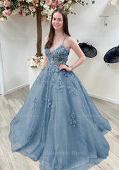A-line Princess V Neck Sleeveless Sweep Train Tulle Corset Prom Dress With Appliqued Beading Lace outfits, Bridesmaid Dresses Colors