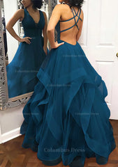 A-line Princess V Neck Sleeveless Tulle Long/Floor-Length Corset Prom Dress With Pleated Gowns, Prom Dresses2024