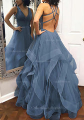 A-line Princess V Neck Sleeveless Tulle Long/Floor-Length Corset Prom Dress With Pleated Gowns, Prom Dresse 2024