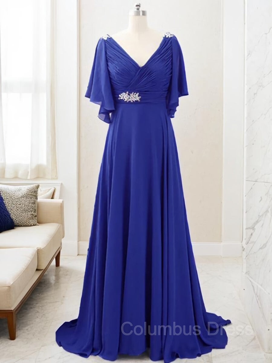 A-Line/Princess V-neck Sweep Train Chiffon Mother of the Bride Dresses With Beading outfit, Homecoming Dress Simple