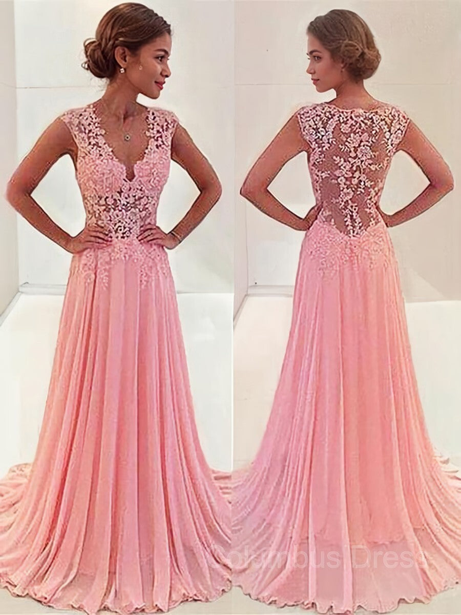 A-Line/Princess V-neck Sweep Train Chiffon Corset Prom Dresses With Appliques Lace outfit, Prom Dresses For Brunettes