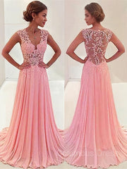 A-Line/Princess V-neck Sweep Train Chiffon Corset Prom Dresses With Appliques Lace outfit, Prom Dresses For Brunettes