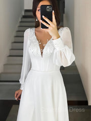 A-Line/Princess V-neck Sweep Train Chiffon Corset Wedding Dresses outfit, Wedding Dress On Sale