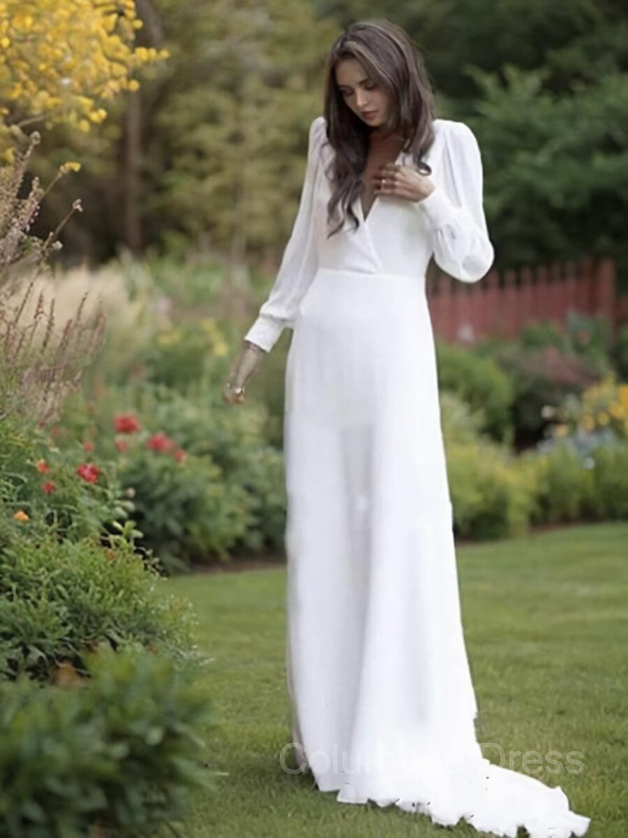 A-Line/Princess V-neck Sweep Train Chiffon Corset Wedding Dresses outfit, Wedding Dress White