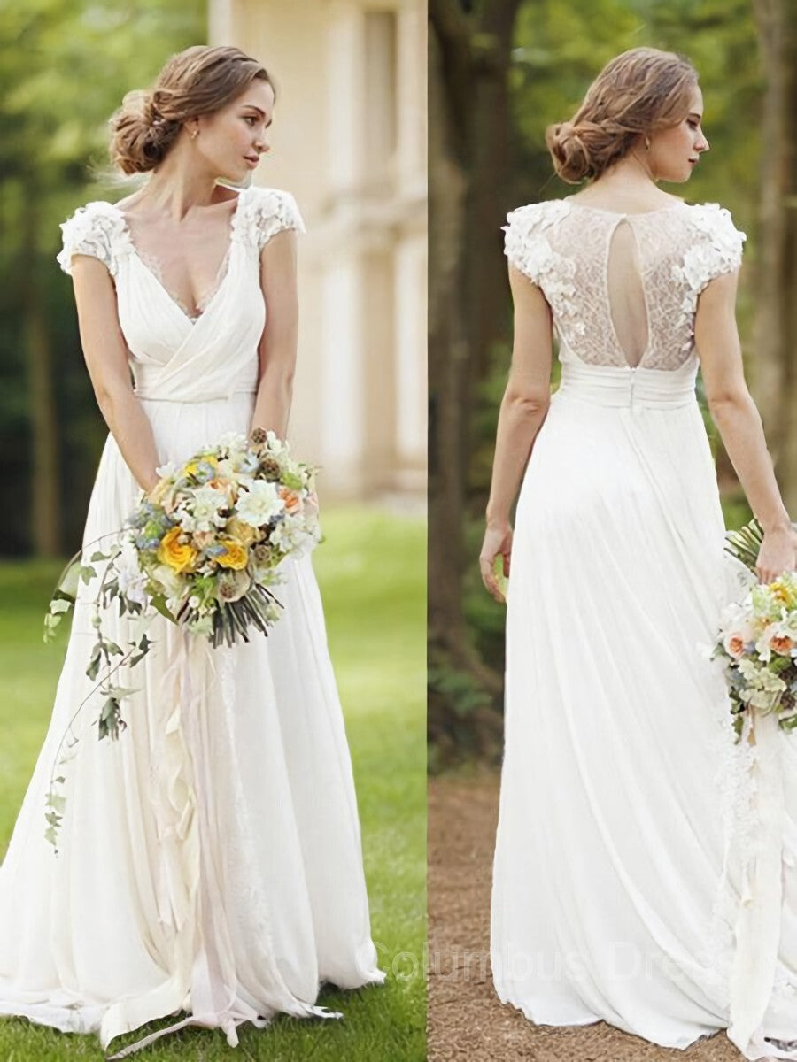 A-Line/Princess V-neck Sweep Train Chiffon Corset Wedding Dresses outfit, Wedding Dresses Costs