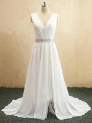A-Line/Princess V-neck Sweep Train Chiffon Corset Wedding Dresses With Leg Slit outfit, Weddings Dresses Uk