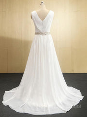 A-Line/Princess V-neck Sweep Train Chiffon Corset Wedding Dresses With Leg Slit outfit, Wedding Dress Uk