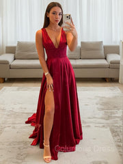 A-Line/Princess V-neck Sweep Train Elastic Woven Satin Evening Dresses With Leg Slit outfit, Dress To Impression