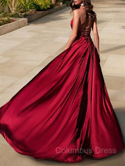 A-Line/Princess V-neck Sweep Train Elastic Woven Satin Evening Dresses With Leg Slit outfit, Party Dress Large Size