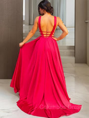 A-Line/Princess V-neck Sweep Train Elastic Woven Satin Evening Dresses With Ruffles Gowns, Bridesmaids Dresses Neutral