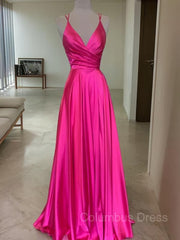 A-Line/Princess V-neck Sweep Train Elastic Woven Satin Corset Prom Dresses outfit, Elegant Dress