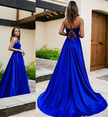 A-Line/Princess V-neck Sweep Train Elastic Woven Satin Corset Prom Dresses With Pockets Gowns, Bridesmaid Dress Strapless