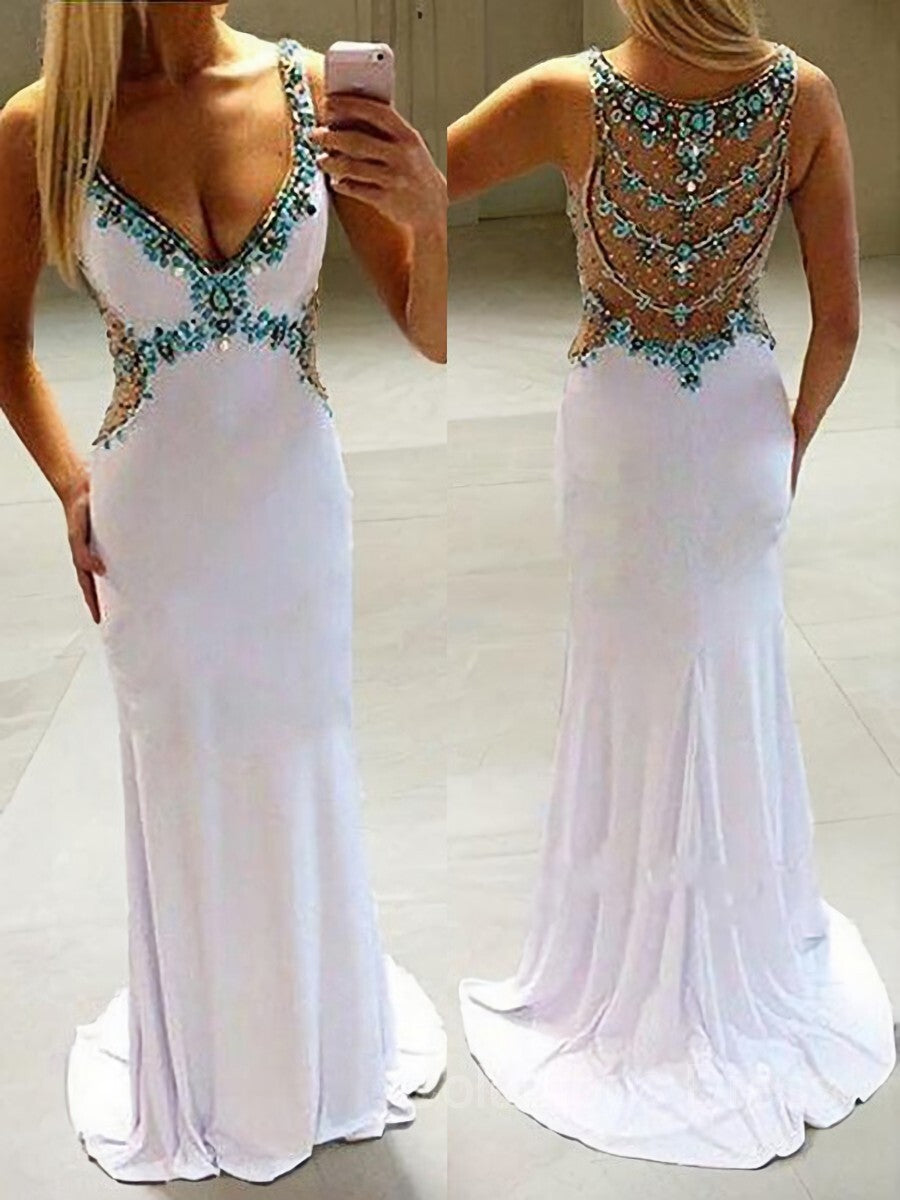 A-Line/Princess V-neck Sweep Train Jersey Corset Prom Dresses With Rhinestone outfits, Prom Dressed Blue