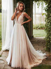 A-Line/Princess V-neck Sweep Train Lace Corset Wedding Dresses outfit, Weddings Dress Long Sleeve