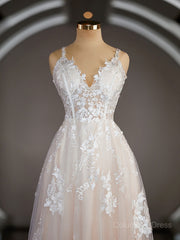 A-Line/Princess V-neck Sweep Train Lace Corset Wedding Dresses with Appliques Lace outfit, Wedding Dress Gown