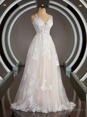 A-Line/Princess V-neck Sweep Train Lace Corset Wedding Dresses with Appliques Lace outfit, Wedding Dresses Under 308