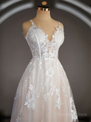 A-Line/Princess V-neck Sweep Train Lace Corset Wedding Dresses with Appliques Lace outfit, Wedding Dress 2030