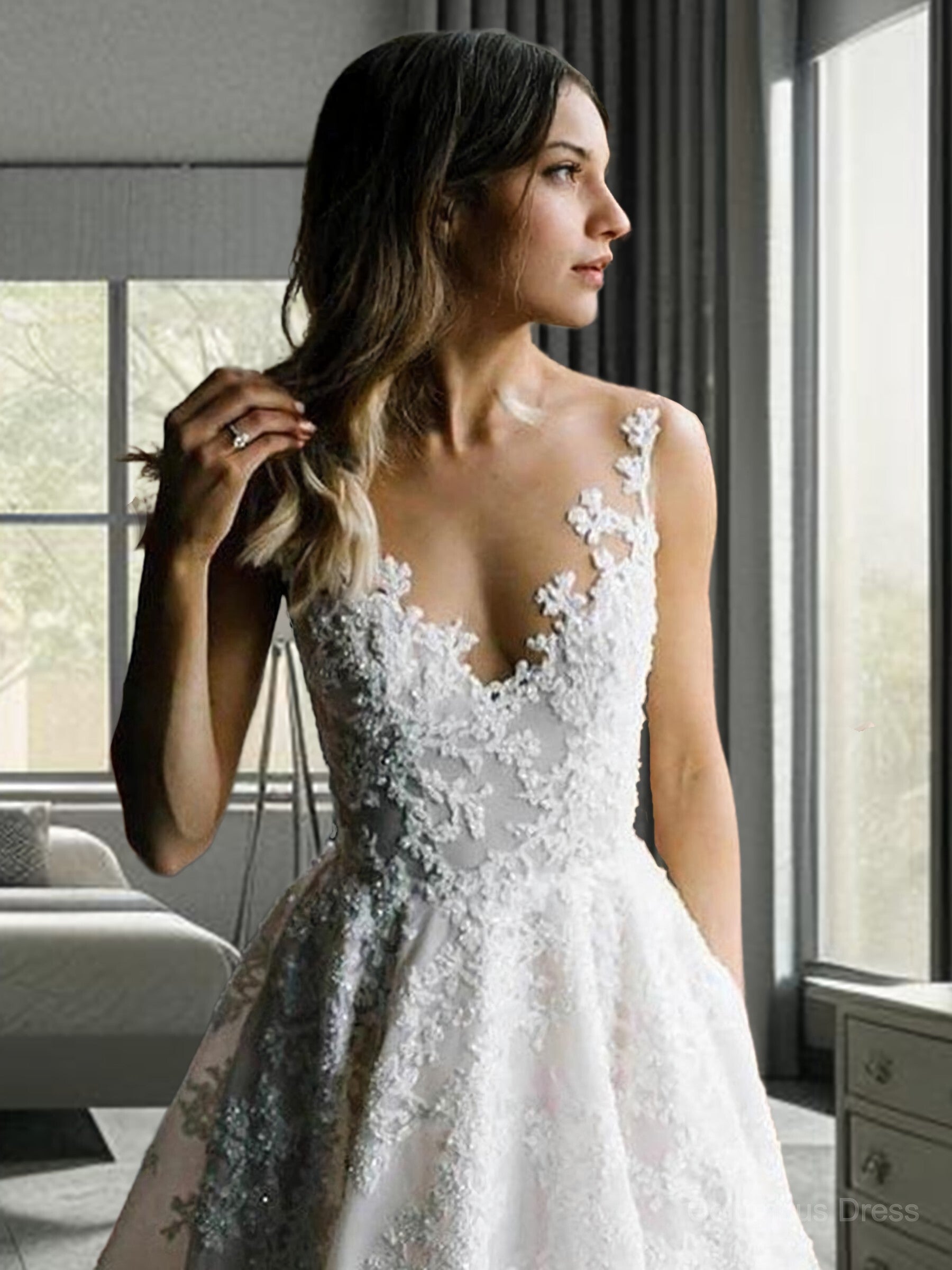 A-Line/Princess V-neck Sweep Train Lace Corset Wedding Dresses With Appliques Lace outfit, Wedding Dresses Sleeve Lace