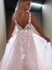 A-Line/Princess V-neck Sweep Train Lace Corset Wedding Dresses With Appliques Lace outfit, Wedding Dress Sexy