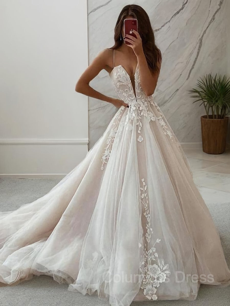 A-Line/Princess V-neck Sweep Train Lace Corset Wedding Dresses With Appliques Lace outfit, Wedding Dress Long Sleeved