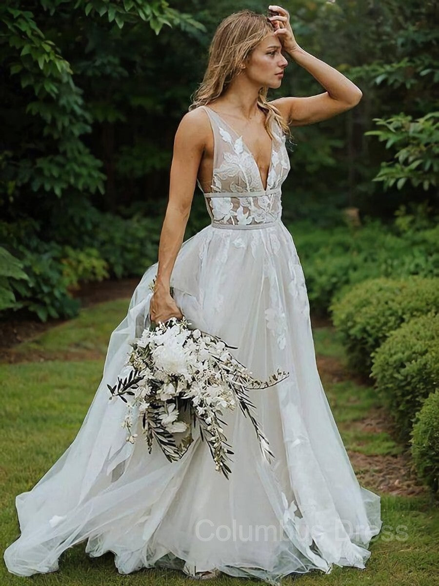 A-Line/Princess V-neck Sweep Train Lace Corset Wedding Dresses With Belt/Sash outfits, Wedding Dress With Color