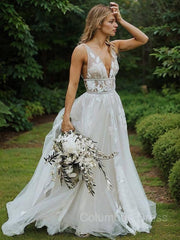 A-Line/Princess V-neck Sweep Train Lace Corset Wedding Dresses With Belt/Sash outfits, Wedding Dress With Color