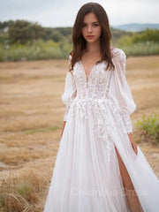 A-Line/Princess V-neck Sweep Train Lace Corset Wedding Dresses With Leg Slit outfit, Wedding Dresses Sleeved