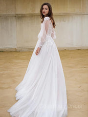 A-Line/Princess V-neck Sweep Train Lace Corset Wedding Dresses With Leg Slit outfit, Wedding Dresses Sleeve