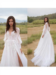 A-Line/Princess V-neck Sweep Train Lace Corset Wedding Dresses With Leg Slit outfit, Wedding Dress Sleevs