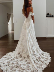 A-Line/Princess V-neck Sweep Train Lace Corset Wedding Dresses With Leg Slit outfit, Wedding Dresses Under 10006