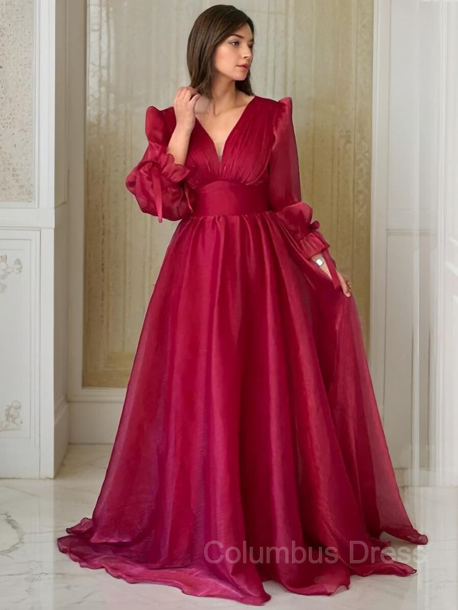 A-Line/Princess V-neck Sweep Train Organza Evening Dresses With Ruffles Gowns, Dress To Wear To A Wedding