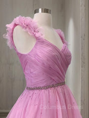 A-Line/Princess V-neck Sweep Train Organza Corset Prom Dresses With Ruffles Gowns, Prom Dresses Dresses