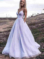A-Line/Princess V-neck Sweep Train Corset Prom Dresses With Pockets Gowns, Summer Dress