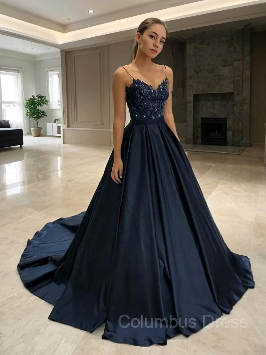 A-Line/Princess V-neck Sweep Train Satin Corset Prom Dresses With Appliques Lace outfit, Prom Dresse Two Piece