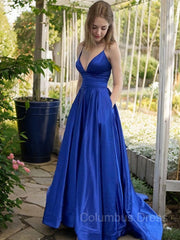 A-Line/Princess V-neck Sweep Train Satin Corset Prom Dresses With Pockets Gowns, Formal Dress Ideas