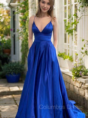 A-Line/Princess V-neck Sweep Train Satin Corset Prom Dresses With Pockets Gowns, Formal Dress Idea
